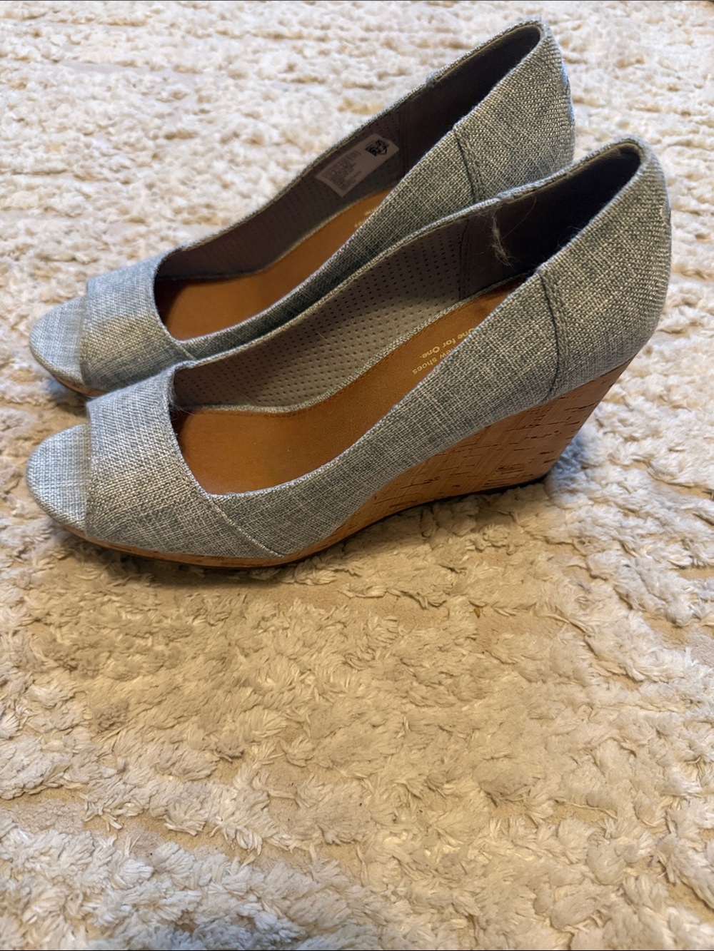 Toms Gray Linen Peep-Toe Cork Wedge Sandals